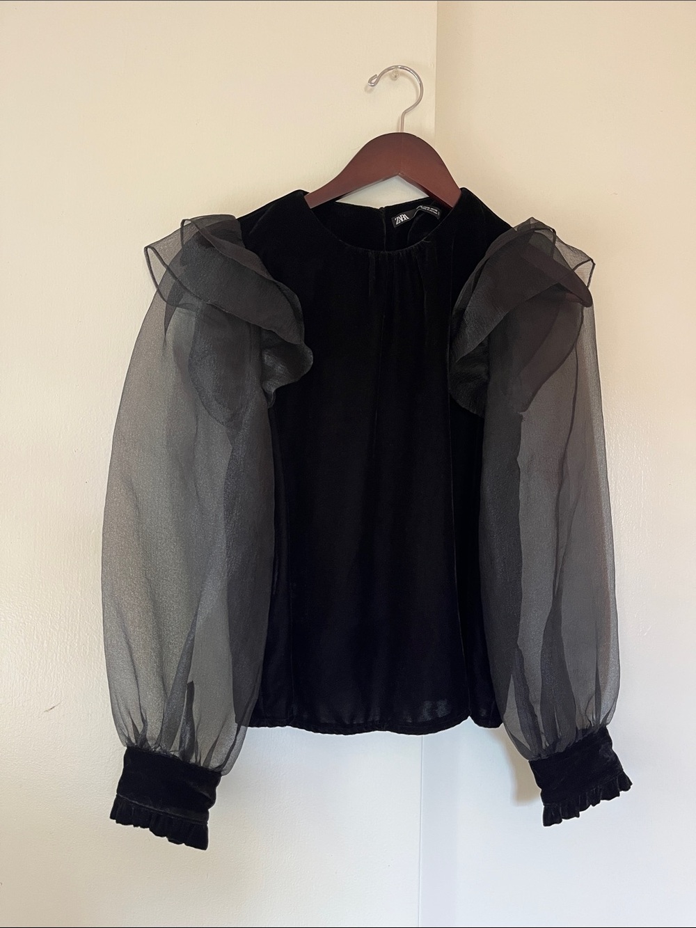ZARA Black Velvet Blouse with Gathered Sleeves